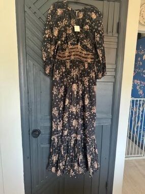 Free People Black Maxi Dress with Beige Floral Print